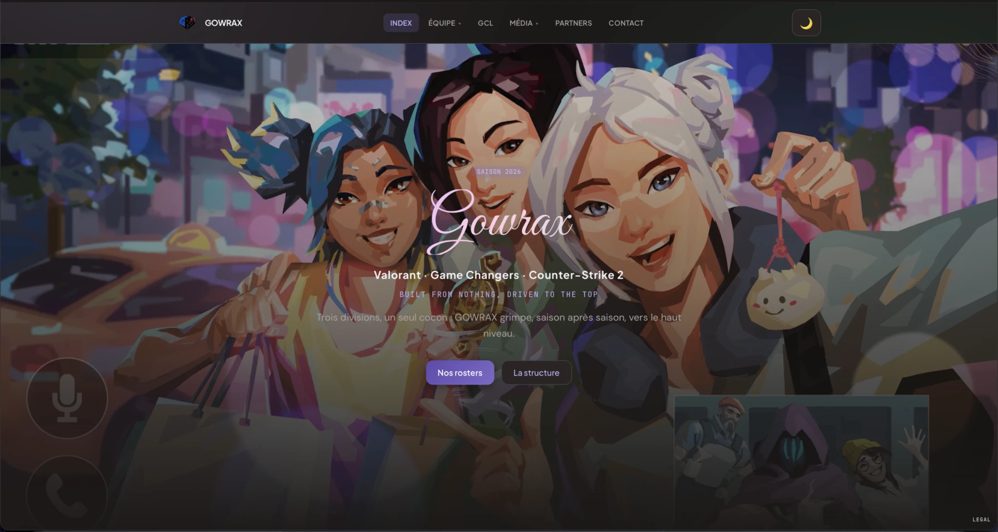 Capture du site GOWRAX en 2026 : navigation, présentation de la structure esport et illustrations de VALORANT en arrière-plan.